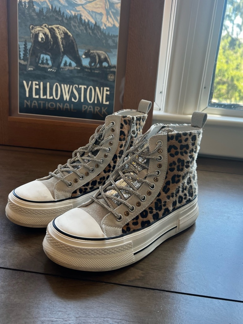 Leopard Print High-Top Platform Sneakers - Beige
